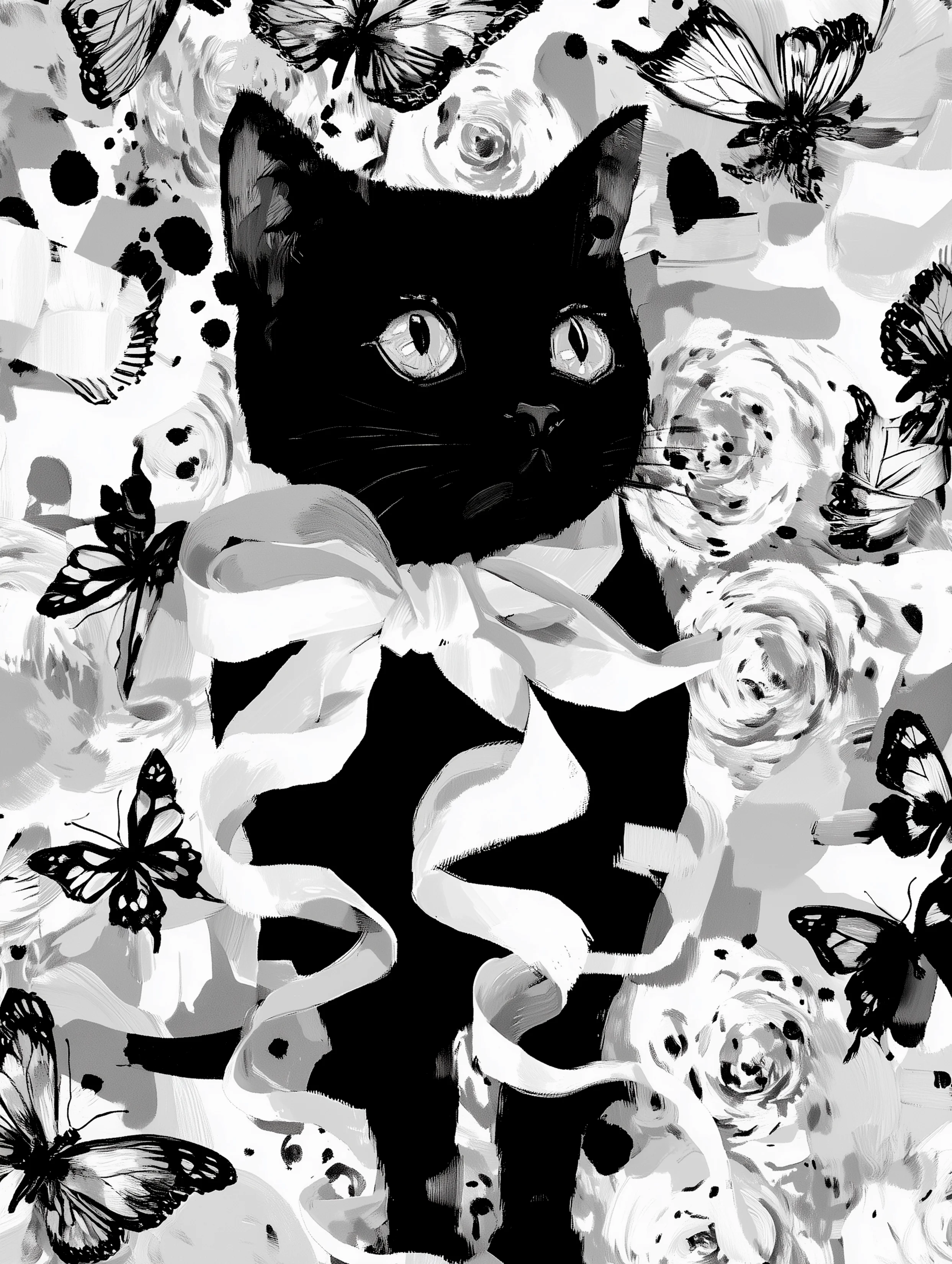 Free printable black cat coloring page for adults featuring a long ribbon collar black cat